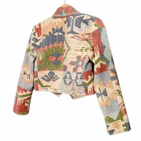 Rhonda Stark Jacket Blazer Southwest Tapestry Cropped Boho Tan Blue Size Medium - Picture 11 of 15